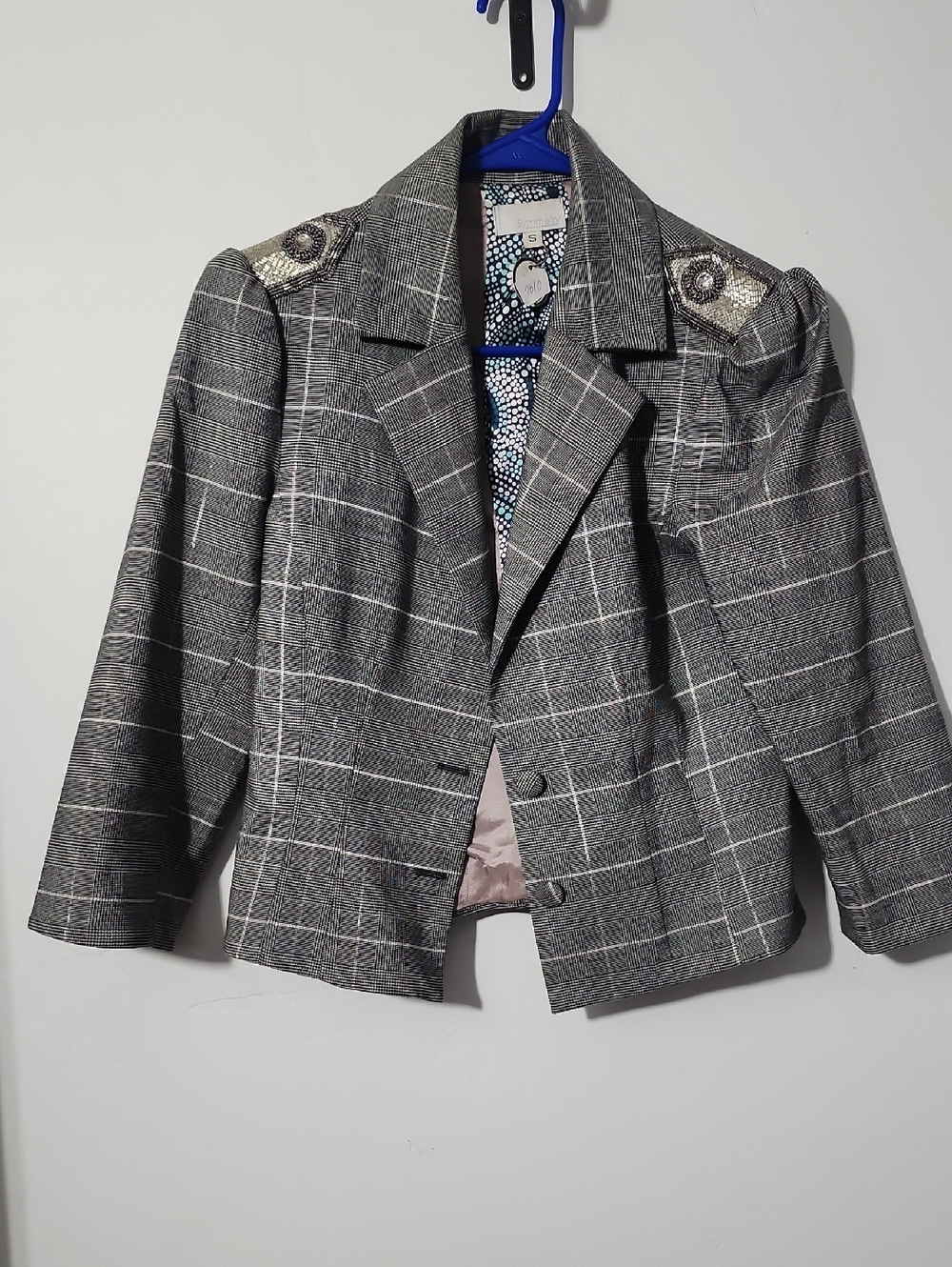 Women's Gray Plaid Blazer Jacket with Embellished Shoulders